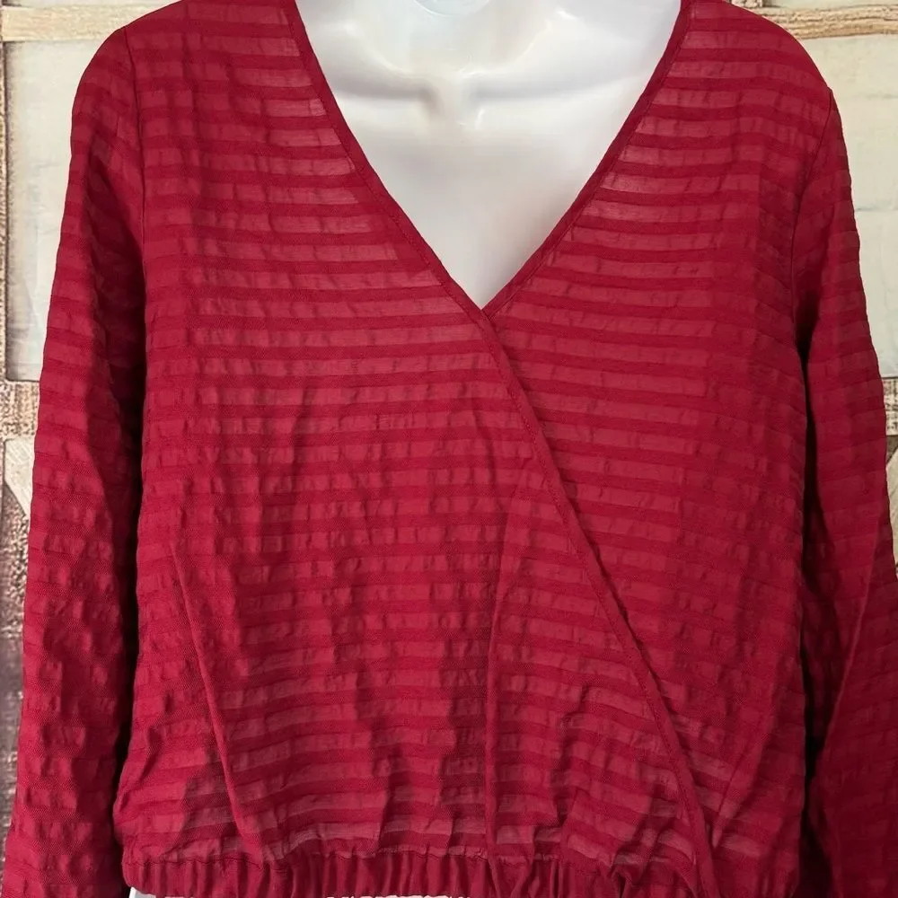 Loft striped wrap cropped v back elegant top puff sleeve casual blouse XS